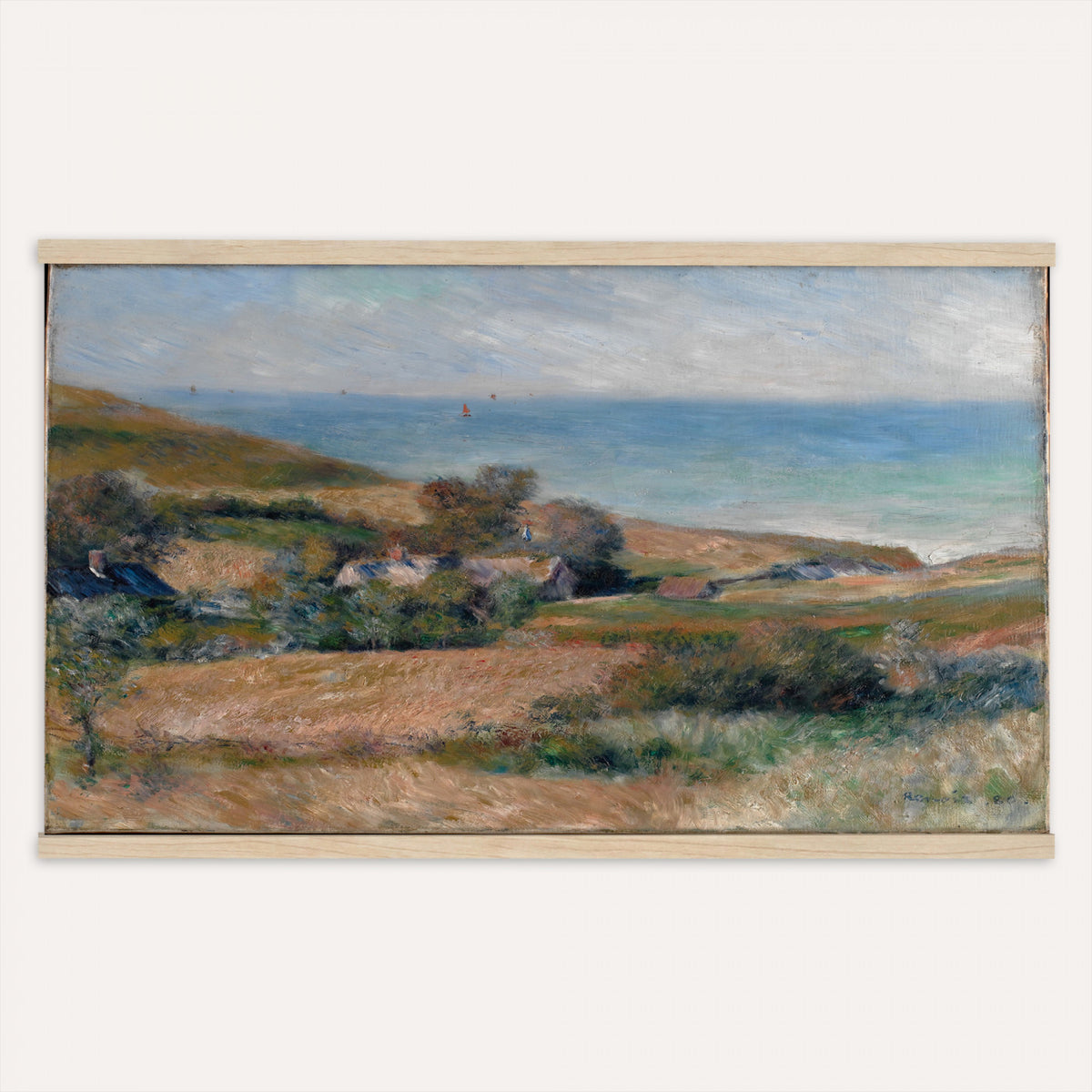 65714584-MGV-TP-30X20 - Impressionism oil painting tapestry wall hanging of "View of the Seacoast near Wargemont in Normandy" by Pierre-Auguste Renoir, showing green Normandy cliffs rolling down to a bright sea, with scattered shrubs and a light-filled summer sky in fresh greens and soft blues with warm sunlit highlights. Extra large wall art, made in the USA.
