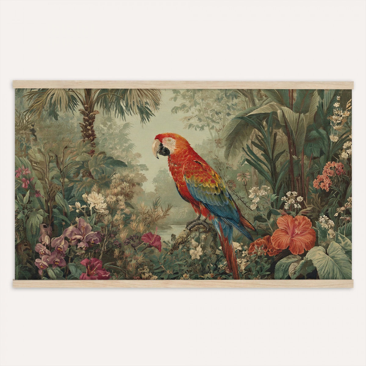 75232040-MGV-TP-30X20 - Botanical botanical illustration tapestry wall hanging of "Scarlet Macaw in the Jungle", showing a scarlet macaw perched among hibiscus flowers, palm leaves and thick rainforest growth in bright scarlet and gold plumage against deep jungle green. Extra large wall art, made in the USA.