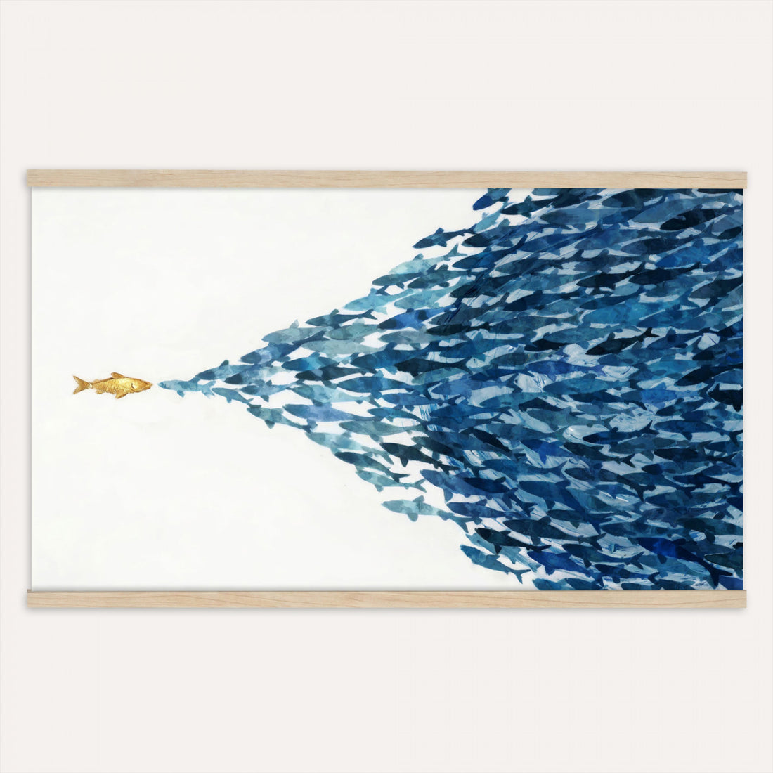 Abstract Blue Fish School Canvas Wall Art, Gold Foil Accent Marine Print