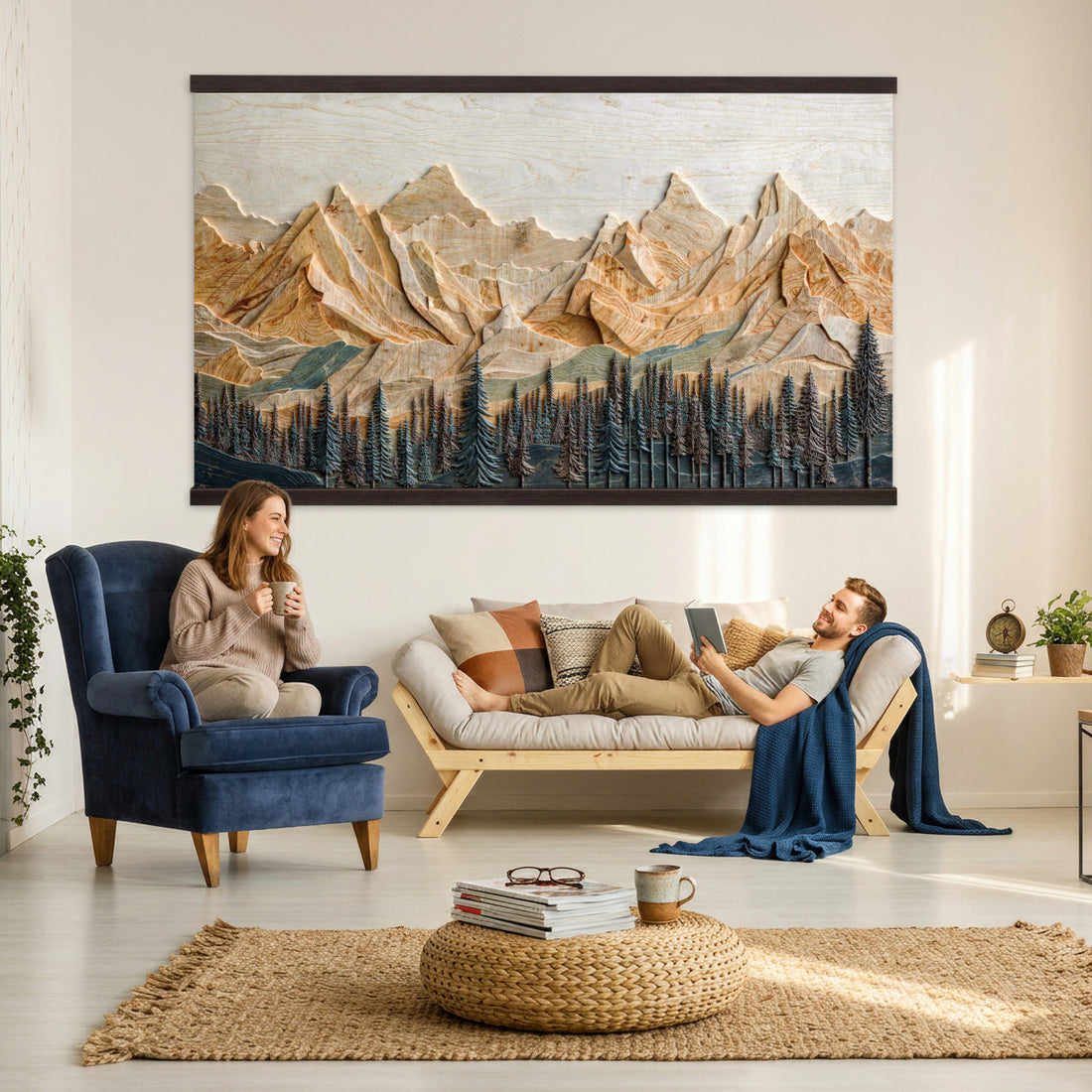 Geometric Wood Mountain Wall Art Canvas Print, 3D Look Rustic Mosaic Landscape Print