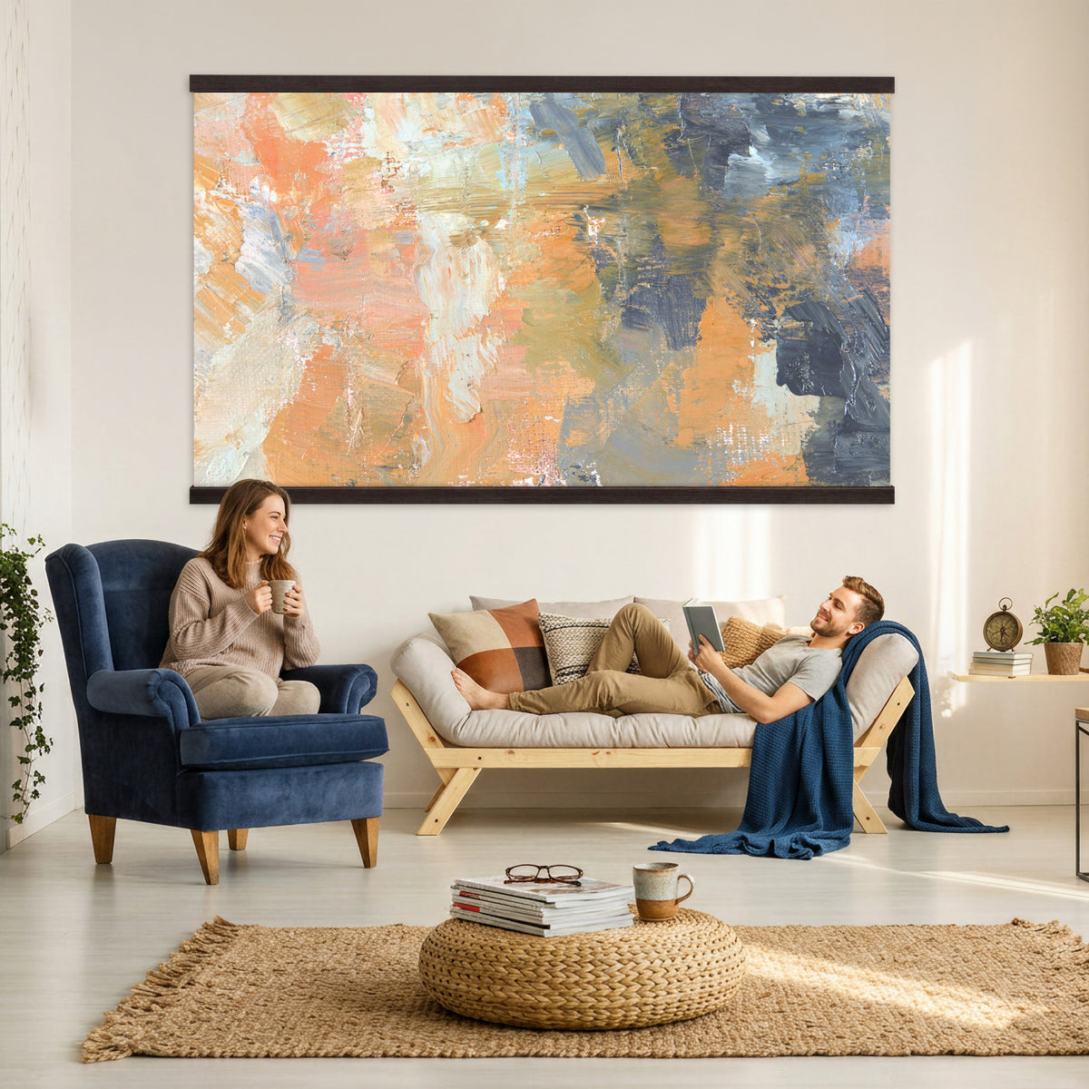 92754702-MGV-TP-30X20 - Cubism abstract oil painting tapestry wall hanging of "Abstract Landscape" by Nicolas de Stael, showing thick blocks of peach, grey, and cream laid side by side into a landscape that reads as pure shape and color in soft peach, warm grey, and cream color blocks. Extra large wall art, made in the USA.