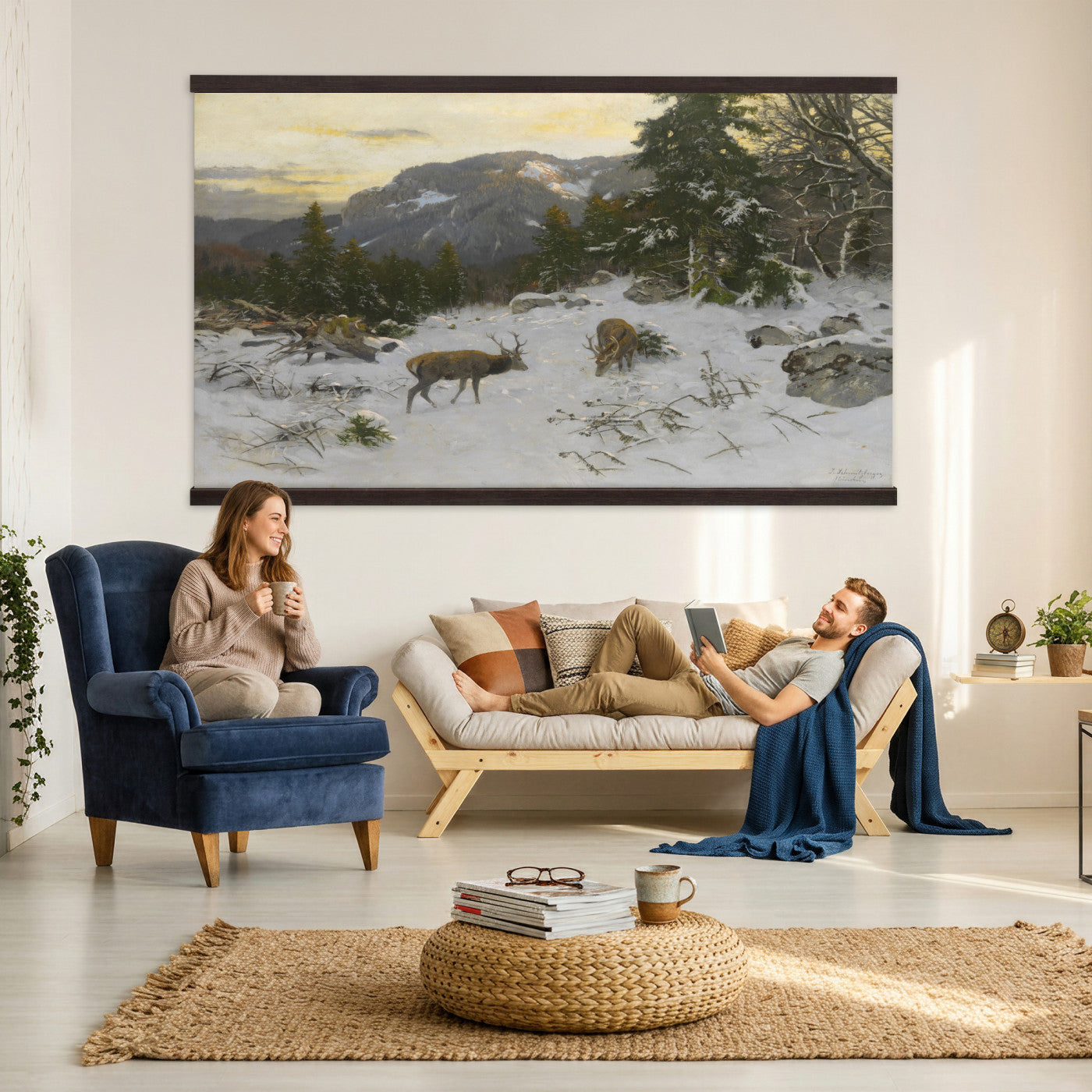 88363585-MGV-TP-30X20 - Realism oil painting tapestry wall hanging of "Rotwild" by Franz Xaver von Pausinger, showing a herd of red deer resting in a quiet clearing, tall grasses, and dark forest edges fading into soft light in warm russet deer coats against deep forest green and golden grass. Extra large wall art, made in the USA.