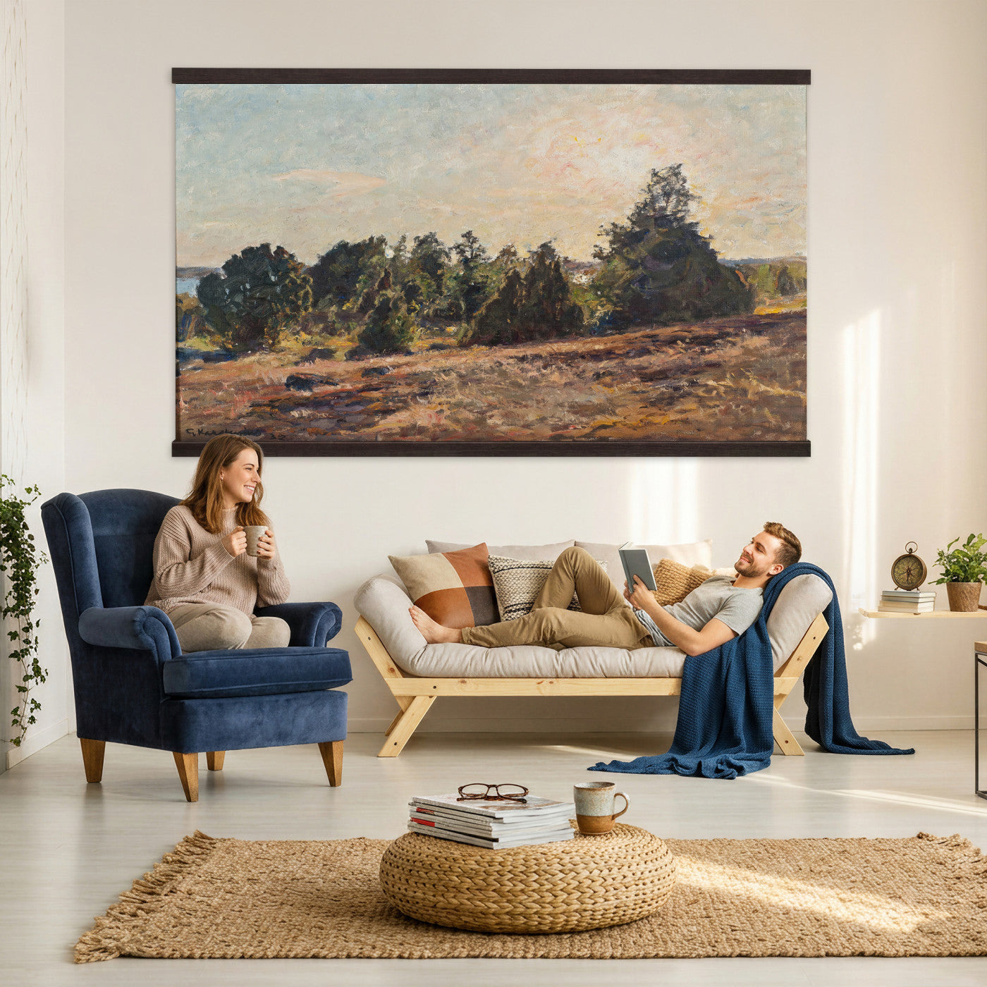 89318871-MGV-TP-30X20 - Impressionism oil painting tapestry wall hanging of "Landscape" by Jane Sutherland, showing a sunlit open field, dry golden grasses, and slender eucalyptus trees leaning under a bright southern sky in warm golden field tones with soft sage-green eucalyptus foliage. Extra large wall art, made in the USA.