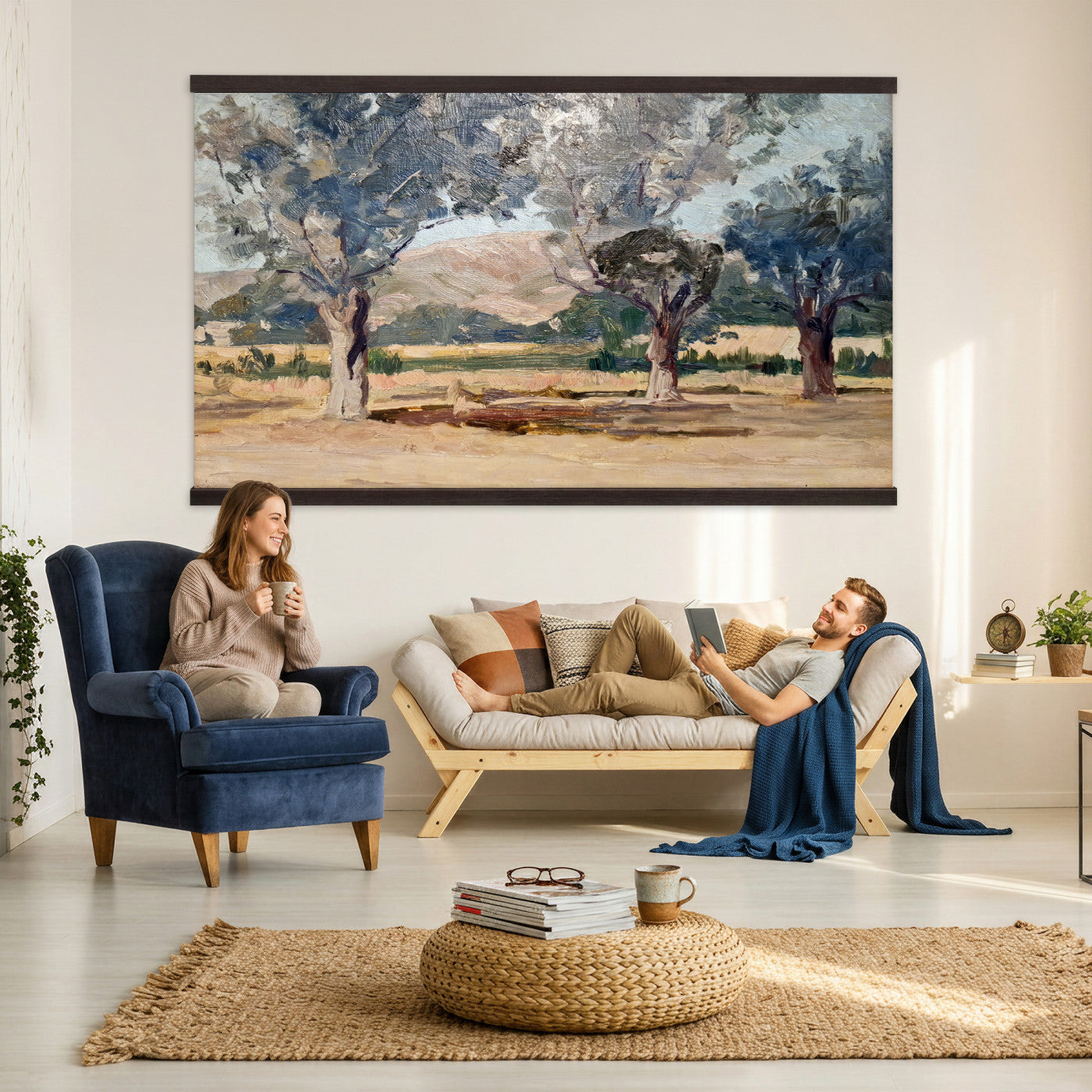 38071069-MGV-TP-30X20 - Impressionism oil painting tapestry wall hanging of "Landscape" by Jane Sutherland, showing a sunlit open field, dry golden grasses, and slender eucalyptus trees leaning under a bright southern sky in warm golden field tones with soft sage-green eucalyptus foliage. Extra large wall art, made in the USA.