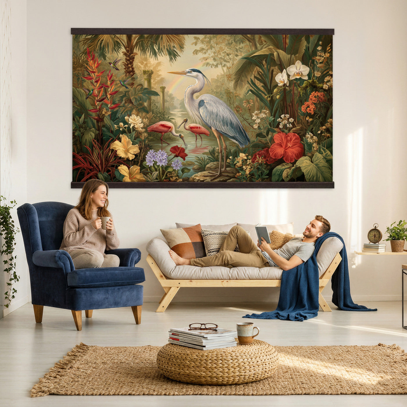 20081183-MGV-TP-30X20 - Botanical botanical illustration tapestry wall hanging of "Great Blue Heron in the Jungle", showing a great blue heron standing among hibiscus blooms, palm fronds and dense tropical foliage in deep jungle greens with red hibiscus and soft blue heron plumage. Extra large wall art, made in the USA.