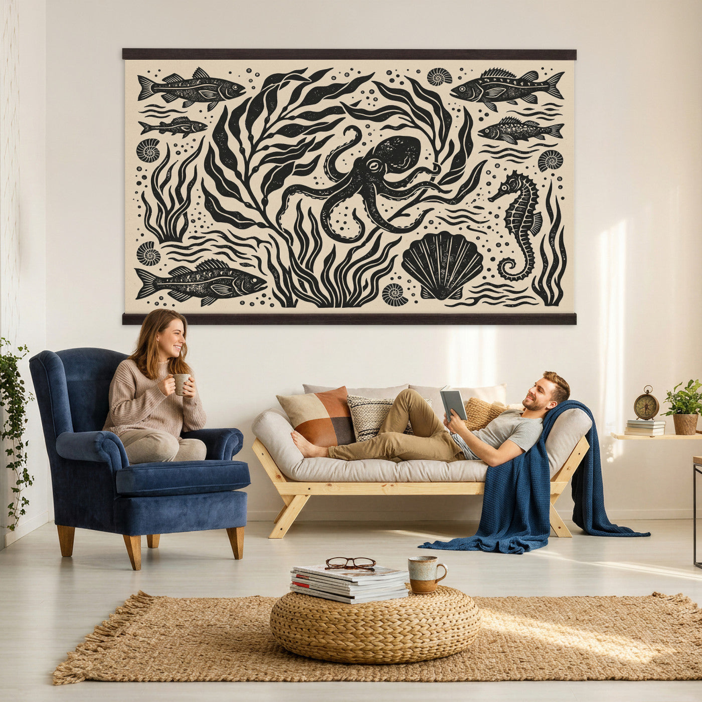 75988079-MGV-TP-30X20 - Folk Art linocut print tapestry wall hanging of "Ocean Life Panel", showing an octopus, seahorses, shells and curling waves cut into bold black and white folk art shapes in bold black linocut shapes on a cream ground. Extra large wall art, made in the USA.