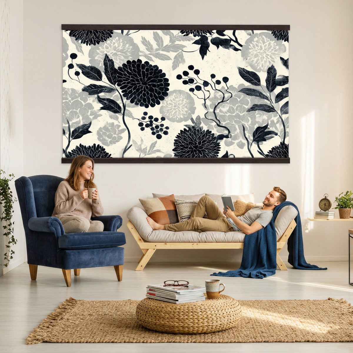 27269625-MGV-TP-30X20 - Chinoiserie ink block print tapestry wall hanging of "Chinoiserie Peony and Chrysanthemum Panel", showing peonies and chrysanthemums layered across a soft grey field, drawn in muted black line in black and soft grey linework on a warm neutral ground. Extra large wall art, made in the USA.
