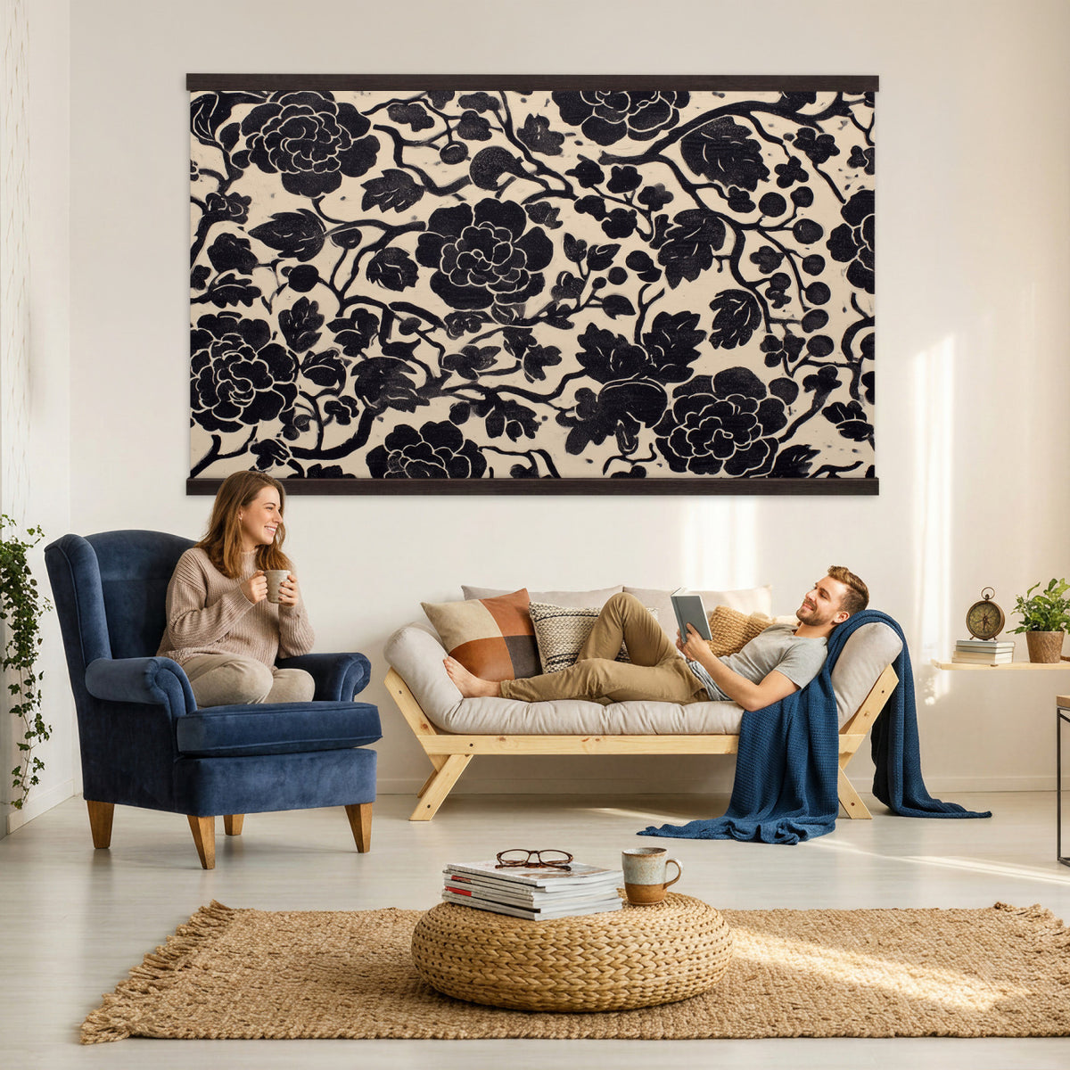 18660803-MGV-TP-30X20 - Chinoiserie ink block print tapestry wall hanging of "Chinoiserie Peony Panel", showing full peony blooms, curling stems and layered leaf work drawn in fine black line on a pale ground in deep black linework on a soft white ground. Extra large wall art, made in the USA.