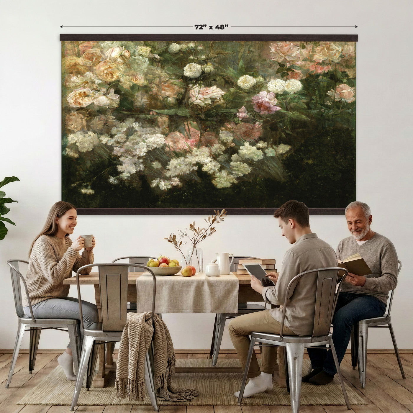 82392202-MGV-TP-30X20 - Post Impressionism oil painting tapestry wall hanging of "White Roses" by Tadeusz Makowski, showing a full bunch of white roses in a simple vase, softly lit against a plain shadowed background in creamy white rose petals and green leaves against a muted warm background. Extra large wall art, made in the USA.