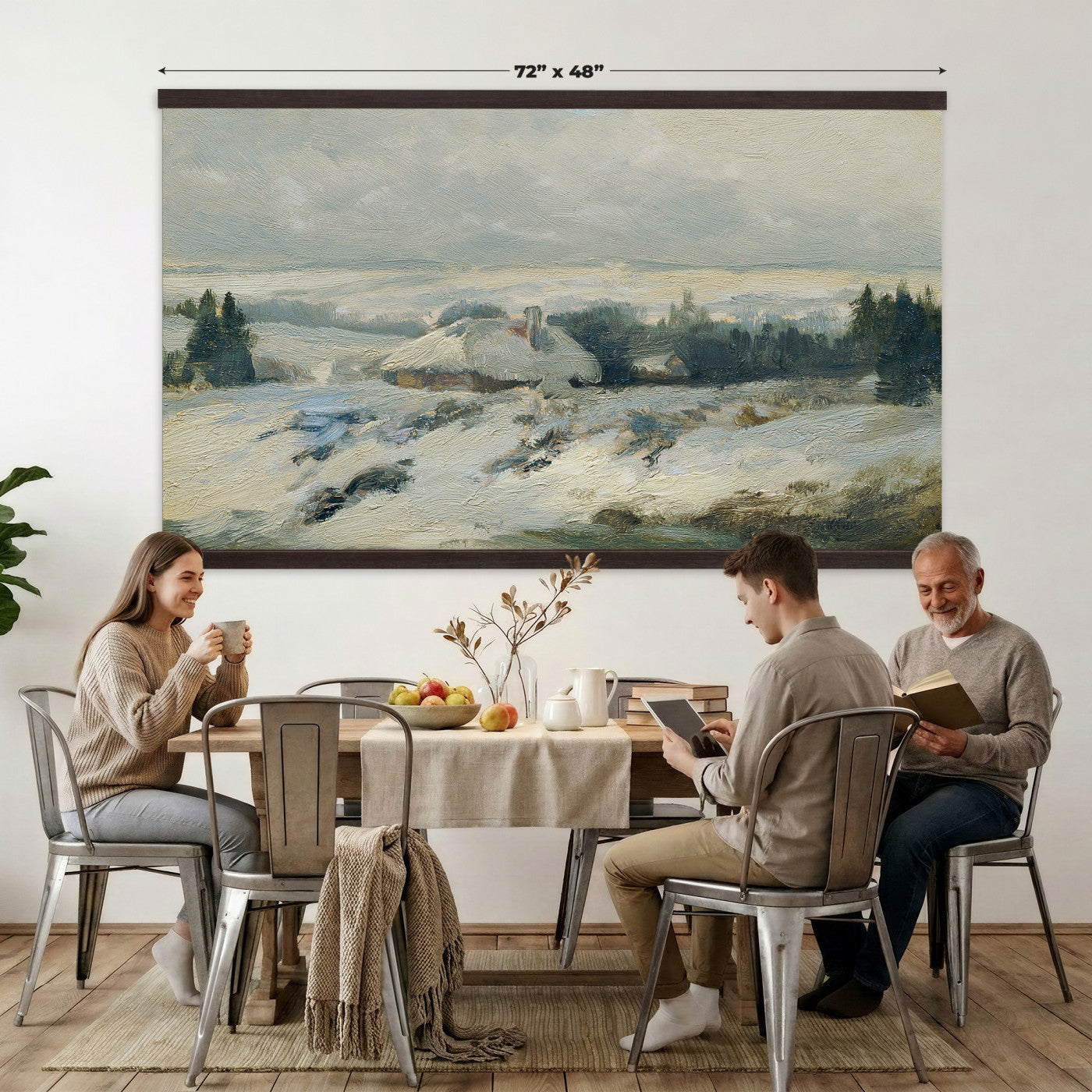 95240376-MGV-TP-30X20 - Realism oil painting tapestry wall hanging of "Bohmisch-Mahrische Hohe" by Ferdinand Engelmuller, showing a snow-covered highland village with low cottages, bare trees, and deep drifts stretching toward pale winter hills in cool white snow with warm ochre cottage walls under a pale winter sky. Extra large wall art, made in the USA.
