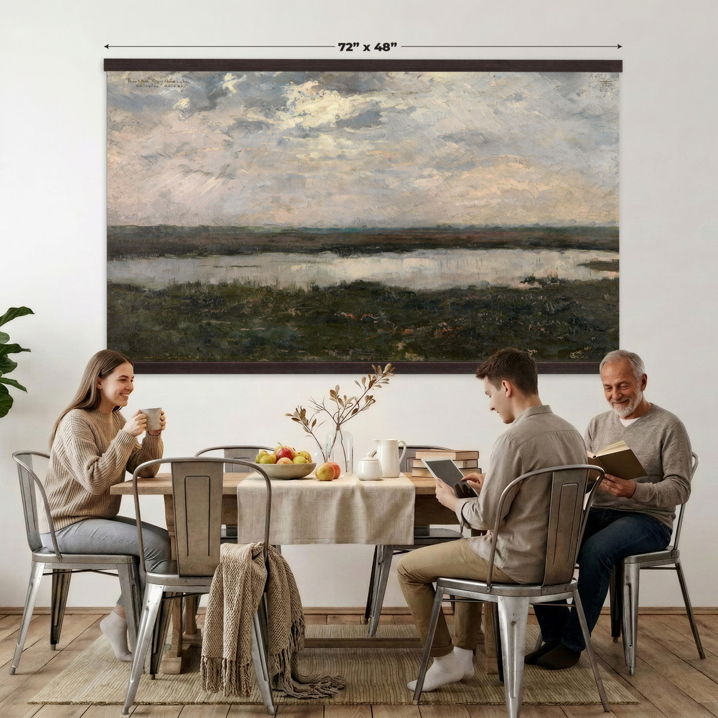 57830037-MGV-TP-30X20 - Neo Impressionism oil painting tapestry wall hanging of "Pool in the Kempen" by Theo van Rysselberghe, showing a still heath pool in the Campine, ringed by low scrub and slender birches under a soft northern sky in cool blue-green water with pale heath grasses and slim birch trunks. Extra large wall art, made in the USA.