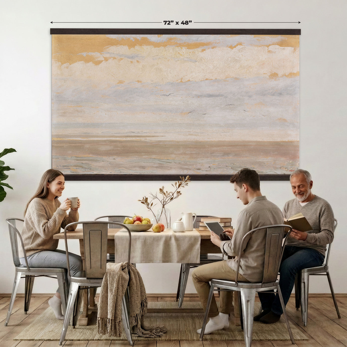 84110612-MGV-TP-30X20 - Art Nouveau pastel study tapestry wall hanging of "The Immensity" by Antoni Fabres, showing a wide empty shoreline meeting a soft pastel sky, with slow drifting clouds and a barely visible horizon line in pale pink, cream, and soft blue cloud tones over a quiet shore. Extra large wall art, made in the USA.