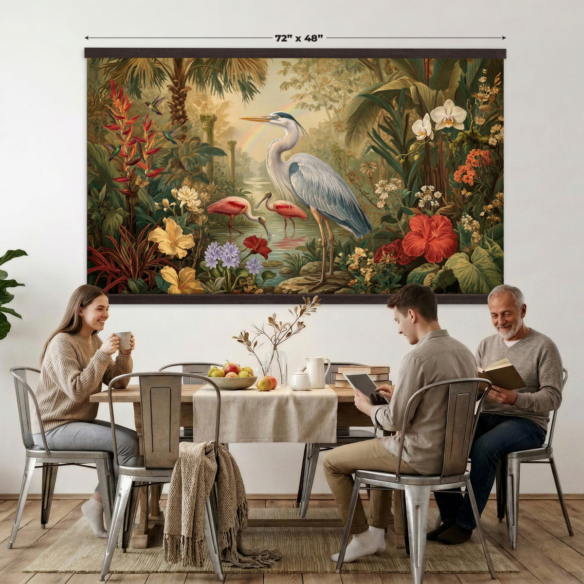 20081183-MGV-TP-30X20 - Botanical botanical illustration tapestry wall hanging of "Great Blue Heron in the Jungle", showing a great blue heron standing among hibiscus blooms, palm fronds and dense tropical foliage in deep jungle greens with red hibiscus and soft blue heron plumage. Extra large wall art, made in the USA.