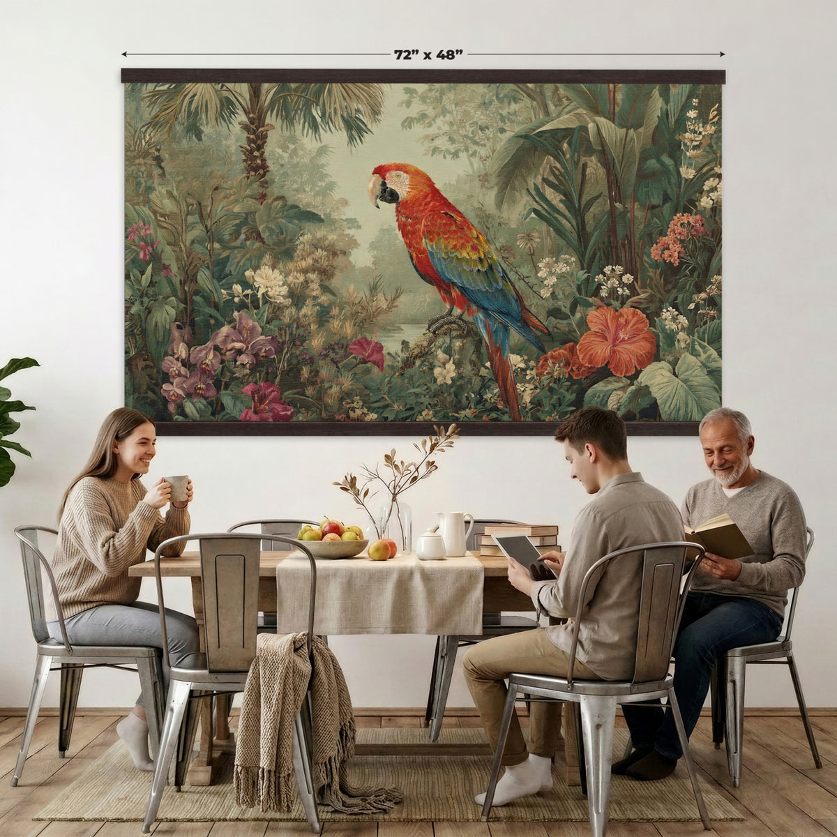 75232040-MGV-TP-30X20 - Botanical botanical illustration tapestry wall hanging of "Scarlet Macaw in the Jungle", showing a scarlet macaw perched among hibiscus flowers, palm leaves and thick rainforest growth in bright scarlet and gold plumage against deep jungle green. Extra large wall art, made in the USA.