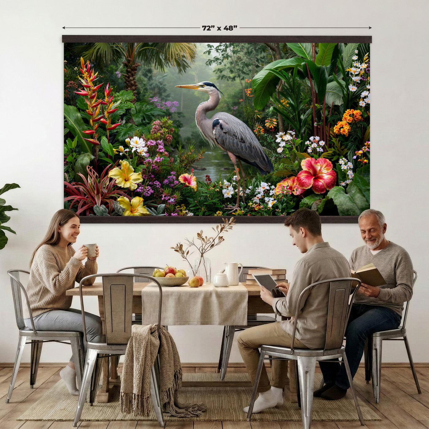 82504330-MGV-TP-30X20 - Botanical botanical illustration tapestry wall hanging of "Great Blue Heron in the Jungle", showing a great blue heron standing among hibiscus blooms, palm fronds and dense tropical foliage in deep jungle greens with red hibiscus and soft blue heron plumage. Extra large wall art, made in the USA.