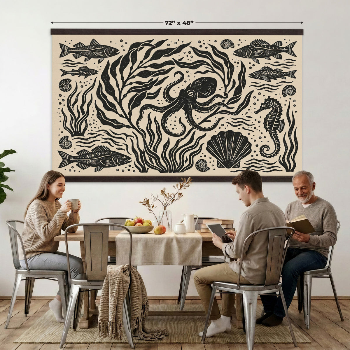 75988079-MGV-TP-30X20 - Folk Art linocut print tapestry wall hanging of "Ocean Life Panel", showing an octopus, seahorses, shells and curling waves cut into bold black and white folk art shapes in bold black linocut shapes on a cream ground. Extra large wall art, made in the USA.