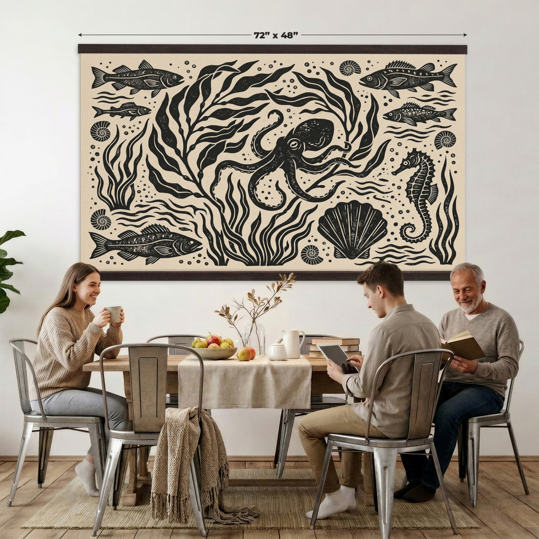 Ocean Life Panel Tapestry Wall Art, Antique Folk Art Octopus Blanket, Extra Large Beach House Decor Gift