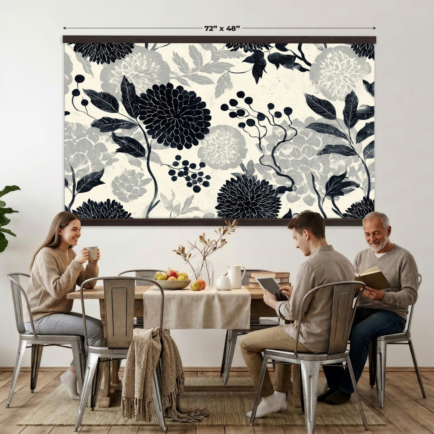 27269625-MGV-TP-30X20 - Chinoiserie ink block print tapestry wall hanging of "Chinoiserie Peony and Chrysanthemum Panel", showing peonies and chrysanthemums layered across a soft grey field, drawn in muted black line in black and soft grey linework on a warm neutral ground. Extra large wall art, made in the USA.