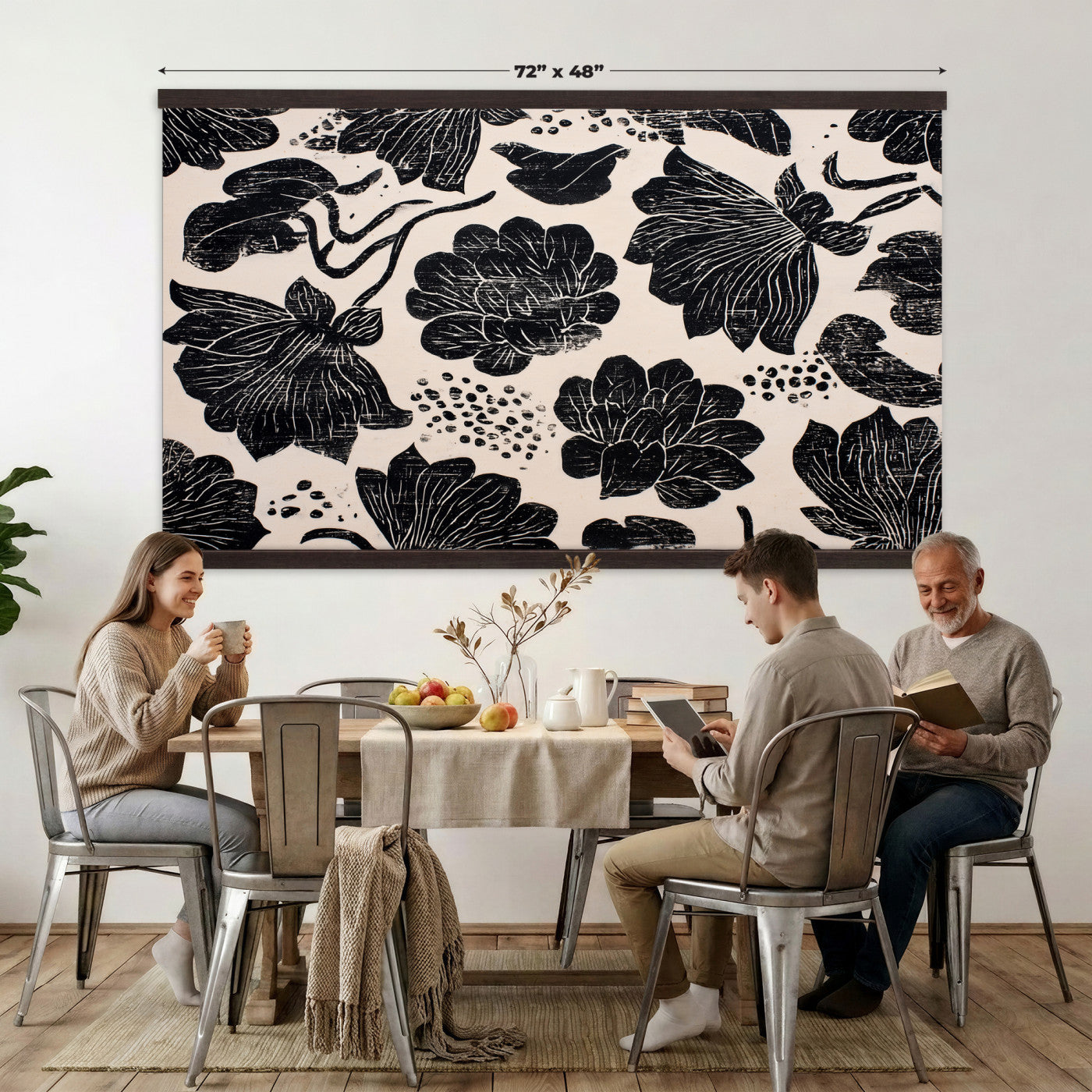 91793867-MGV-TP-30X20 - Chinoiserie ink block print tapestry wall hanging of "Chinoiserie Lotus Panel", showing open lotus flowers and broad water lily pads rising on tall stems, cut in bold black and white in deep black lotus linework on a soft white ground. Extra large wall art, made in the USA.