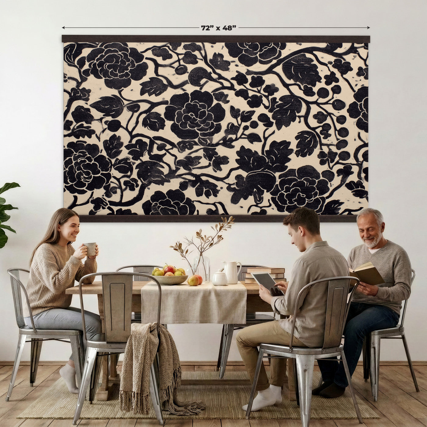 18660803-MGV-TP-30X20 - Chinoiserie ink block print tapestry wall hanging of "Chinoiserie Peony Panel", showing full peony blooms, curling stems and layered leaf work drawn in fine black line on a pale ground in deep black linework on a soft white ground. Extra large wall art, made in the USA.