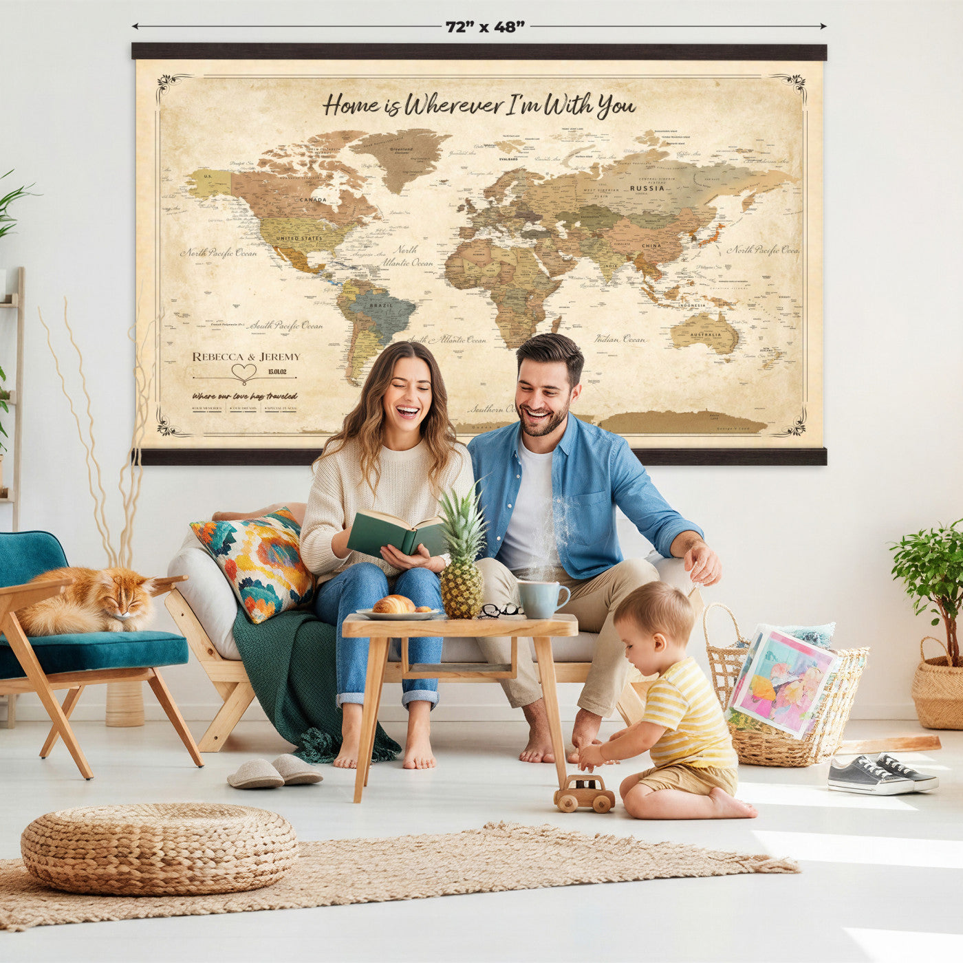 40086165-MGV-TP-30X20 - Framed Vintage Custom Push Pin World Map Canvas Print – Personalized Travel Map Wall Art