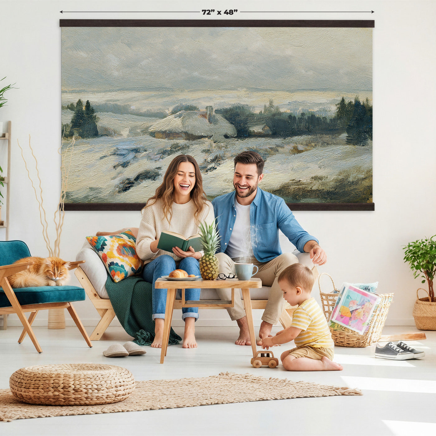 95240376-MGV-TP-30X20 - Realism oil painting tapestry wall hanging of "Bohmisch-Mahrische Hohe" by Ferdinand Engelmuller, showing a snow-covered highland village with low cottages, bare trees, and deep drifts stretching toward pale winter hills in cool white snow with warm ochre cottage walls under a pale winter sky. Extra large wall art, made in the USA.