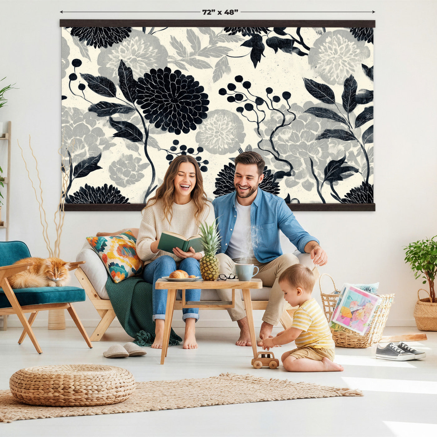 27269625-MGV-TP-30X20 - Chinoiserie ink block print tapestry wall hanging of "Chinoiserie Peony and Chrysanthemum Panel", showing peonies and chrysanthemums layered across a soft grey field, drawn in muted black line in black and soft grey linework on a warm neutral ground. Extra large wall art, made in the USA.