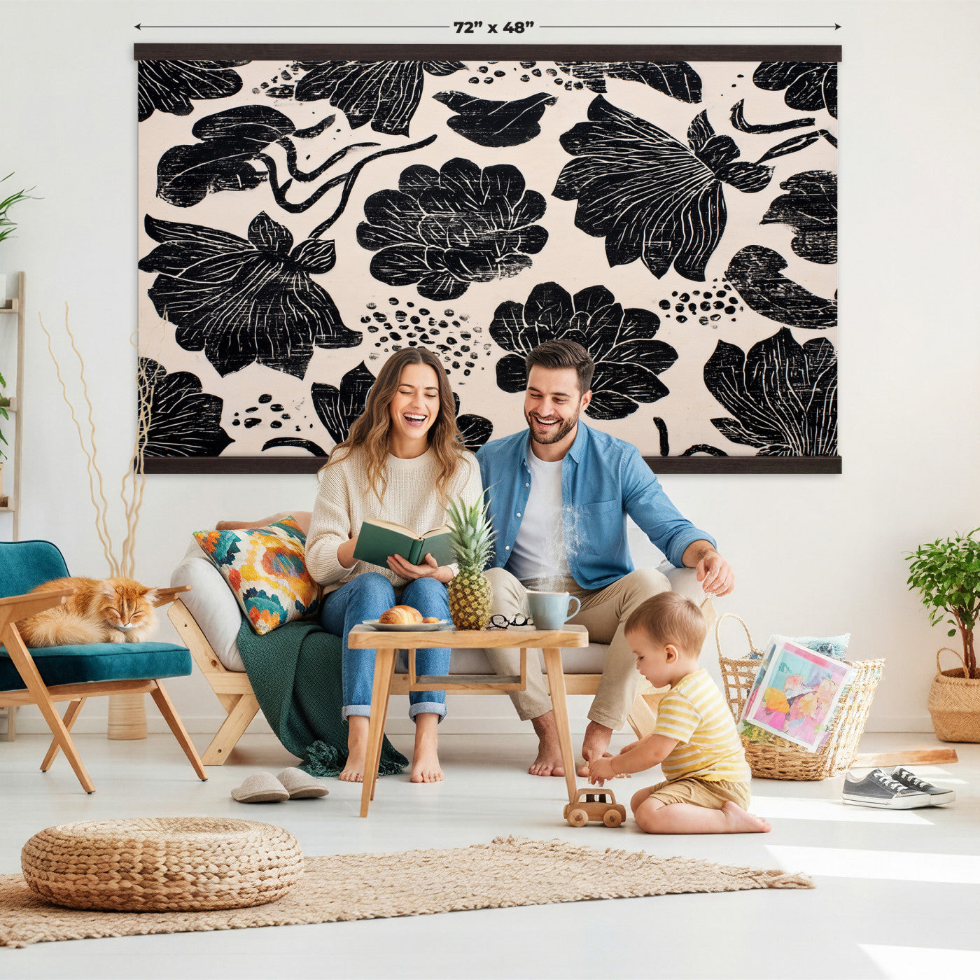 91793867-MGV-TP-30X20 - Chinoiserie ink block print tapestry wall hanging of "Chinoiserie Lotus Panel", showing open lotus flowers and broad water lily pads rising on tall stems, cut in bold black and white in deep black lotus linework on a soft white ground. Extra large wall art, made in the USA.