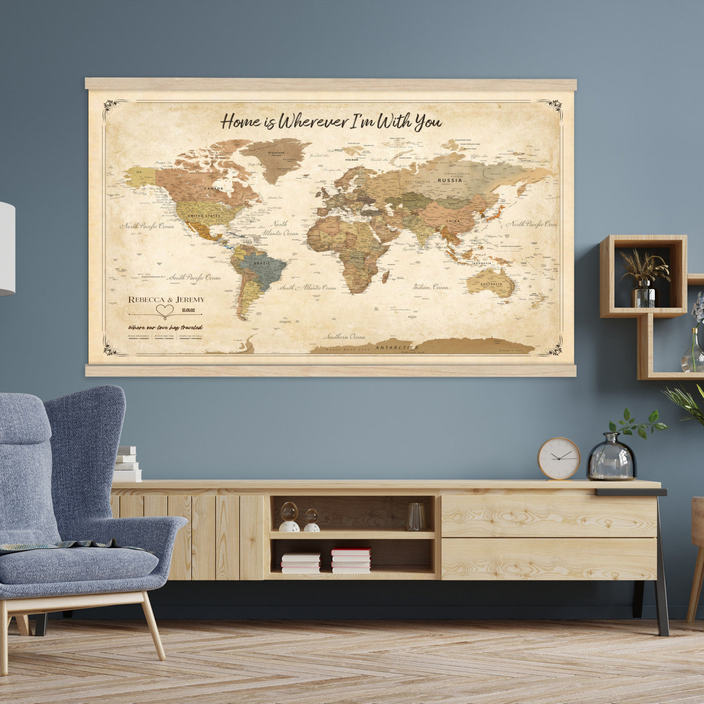40086165-MGV-TP-30X20 - Framed Vintage Custom Push Pin World Map Canvas Print – Personalized Travel Map Wall Art