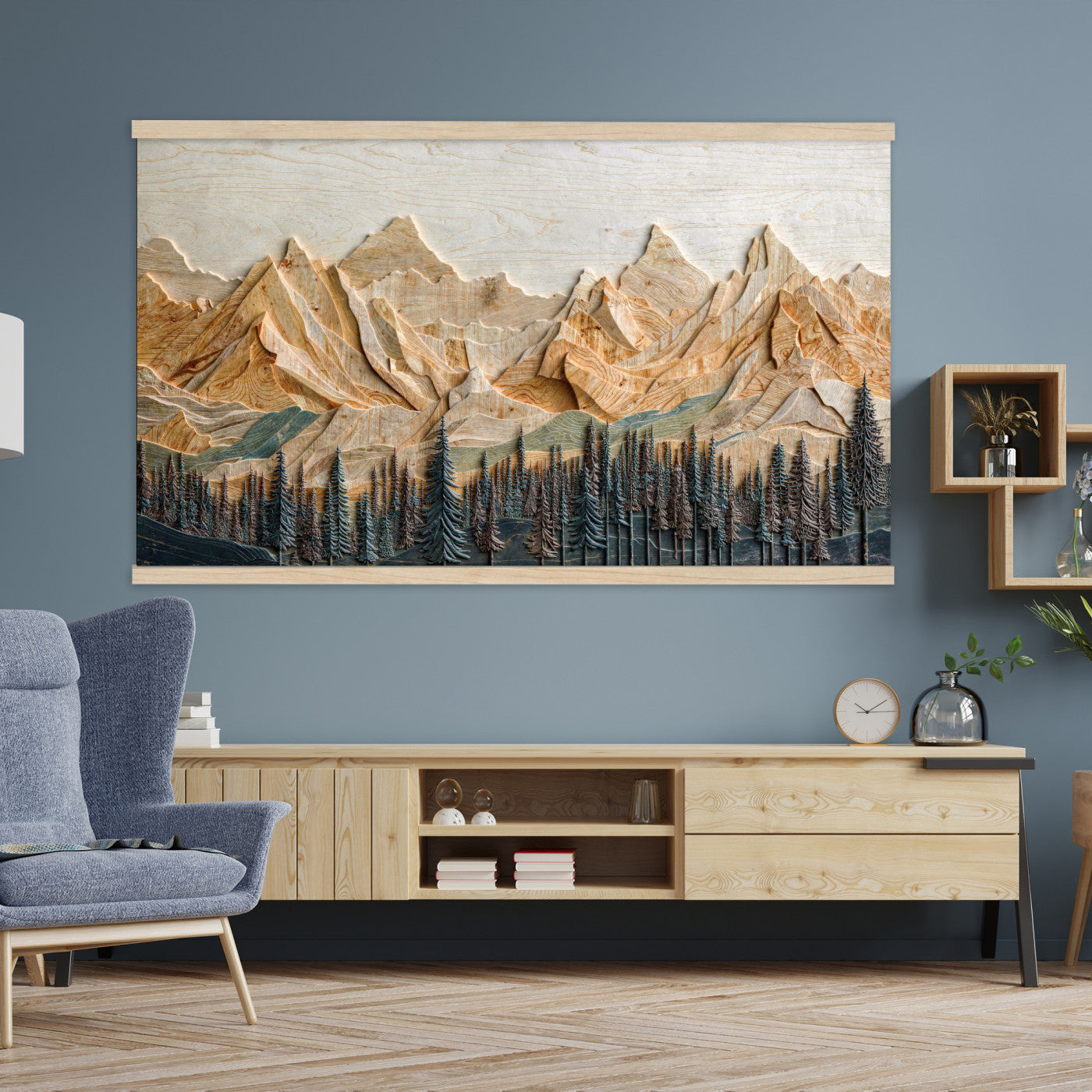 66676213-MGV-TP-30X20 - Geometric Wood Mountain Wall Art Canvas Print, 3D Look Rustic Mosaic Landscape Print