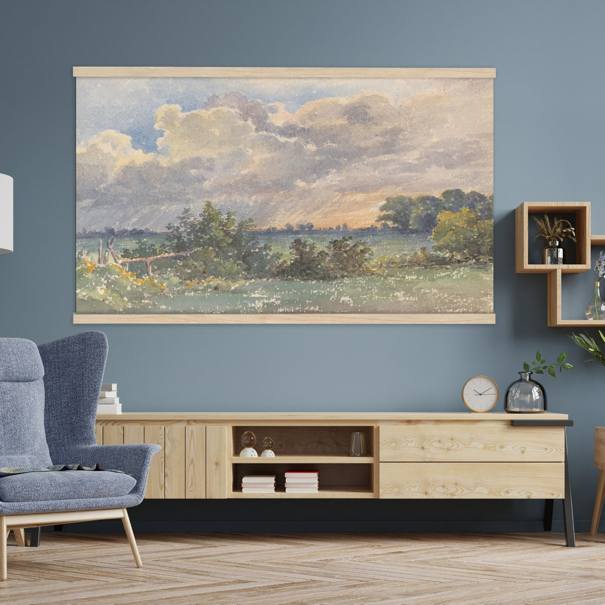30588477-MGV-TP-30X20 - Realism oil painting tapestry wall hanging of "Landscape with Storm Clouds" by Jean-Baptiste Calame, showing heavy storm clouds gathering over a low country field, with a dark tree line holding the horizon in dark grey storm clouds over muted green fields. Extra large wall art, made in the USA.