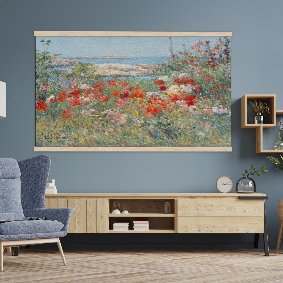 16720314-MGV-TP-30X20 - Impressionism oil painting tapestry wall hanging of "Celia Thaxter's Garden, Isles of Shoals" by Childe Hassam, showing a cliffside garden bursting with red poppies above a bright blue sea and rocky island shore in vivid red poppies against deep blue sea and green garden foliage. Extra large wall art, made in the USA.