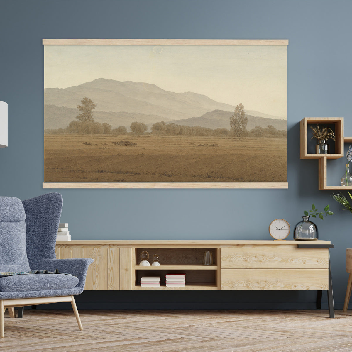 65089395-MGV-TP-30X20 - Realism oil study tapestry wall hanging of "Landscape Study at Grez-sur-Loing" by Frans Van Leemputten, showing an open field study at Grez-sur-Loing, with loose brushwork across low crops, hedgerows, and a soft French sky in soft field greens and warm earth tones under a pale washed sky. Extra large wall art, made in the USA.