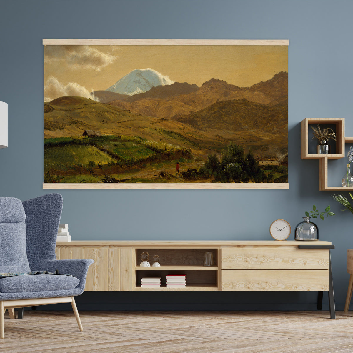 35940800-MGV-TP-30X20 - Realism oil study tapestry wall hanging of "Road across the Hills, Study" by Dankvart Dreyer, showing a bare country road climbing across open hills, with low scrub, worn ruts, and a wide Danish sky above in warm sandy road tones and dry hill greens under a pale wide sky. Extra large wall art, made in the USA.
