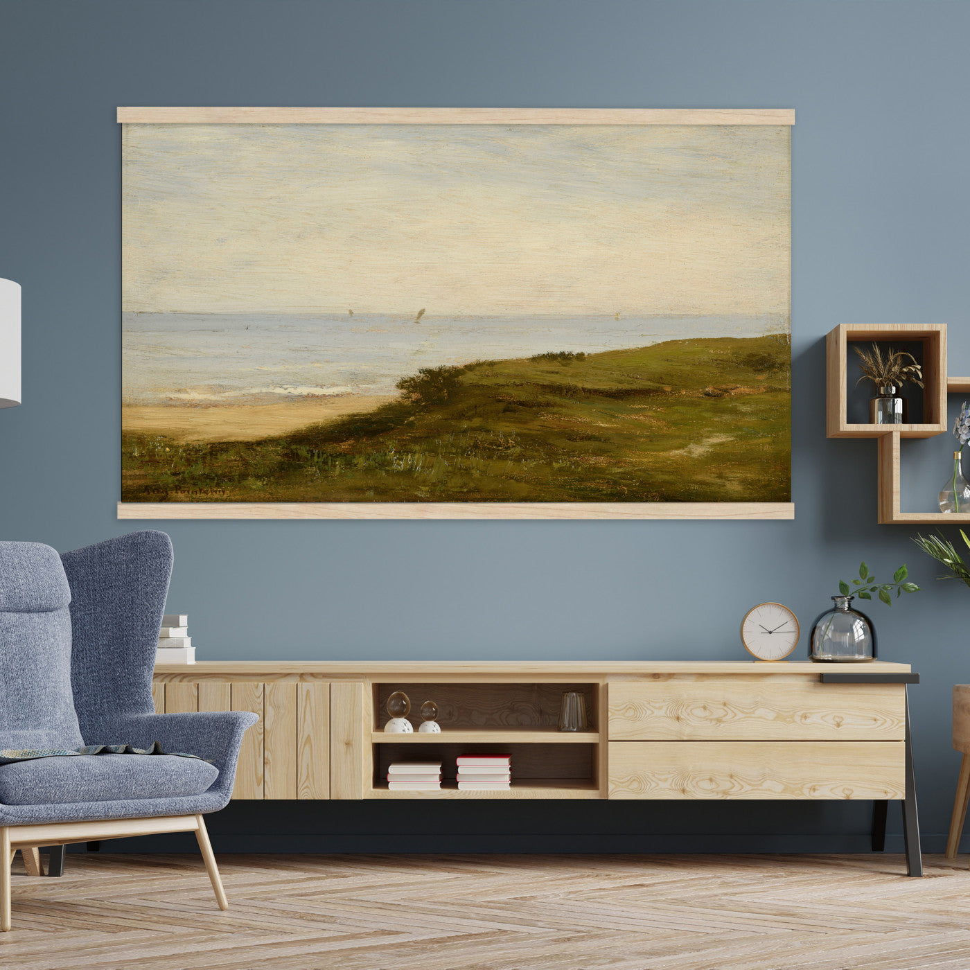 33440930-MGV-TP-30X20 - Impressionism oil painting tapestry wall hanging of "Beach Dunes" by Max Clarenbach, showing low rolling sand dunes topped with pale beach grass, opening toward a quiet sea under a wide soft sky in pale sand tones and dune grass under a wide soft blue-grey sky. Extra large wall art, made in the USA.
