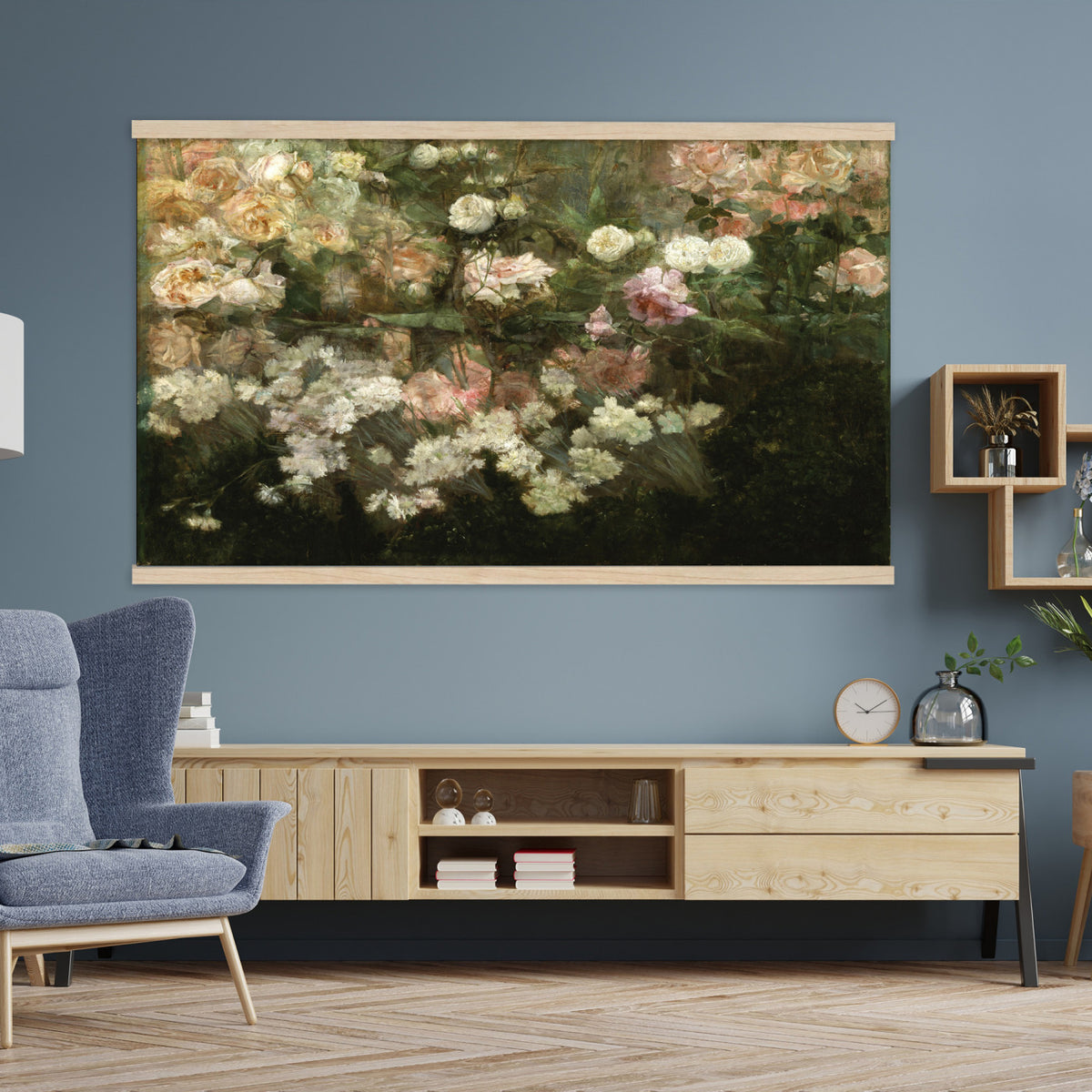 82392202-MGV-TP-30X20 - Post Impressionism oil painting tapestry wall hanging of "White Roses" by Tadeusz Makowski, showing a full bunch of white roses in a simple vase, softly lit against a plain shadowed background in creamy white rose petals and green leaves against a muted warm background. Extra large wall art, made in the USA.