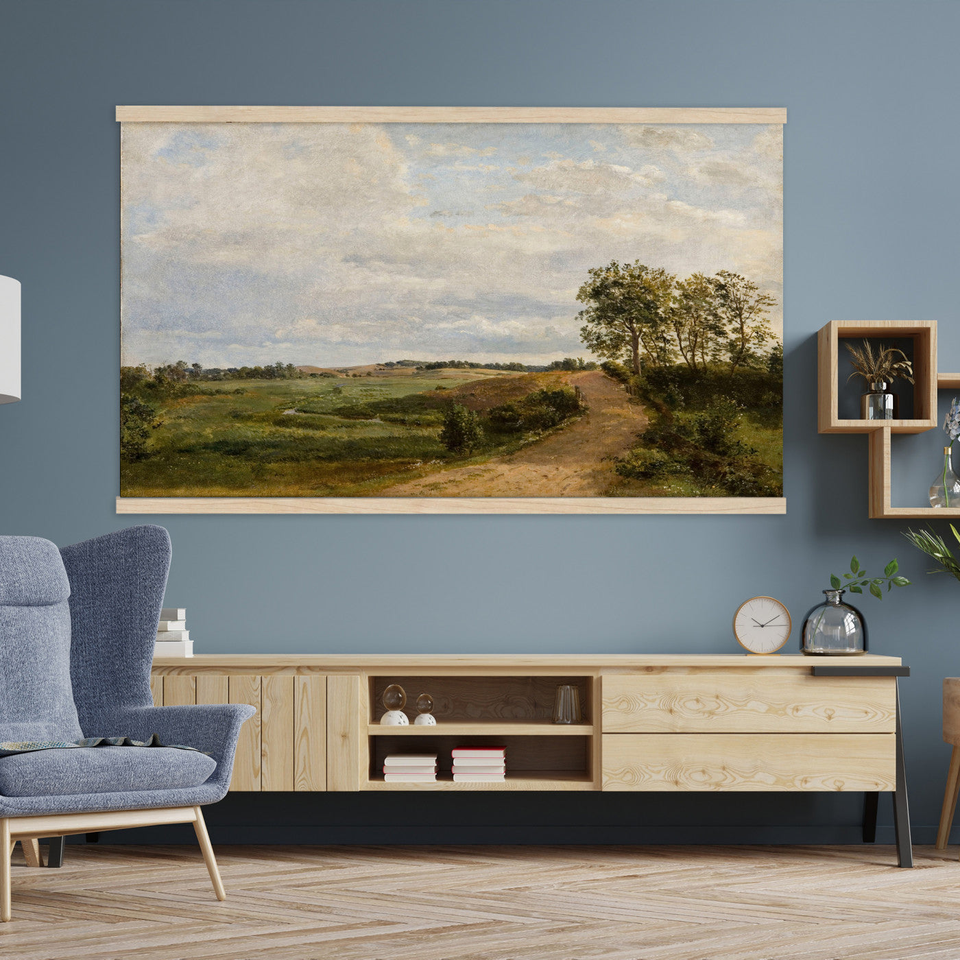 53363268-MGV-TP-30X20 - Realism oil study tapestry wall hanging of "Road across the Hills, Study" by Dankvart Dreyer, showing a bare country road climbing across open hills, with low scrub, worn ruts, and a wide Danish sky above in warm sandy road tones and dry hill greens under a pale wide sky. Extra large wall art, made in the USA.