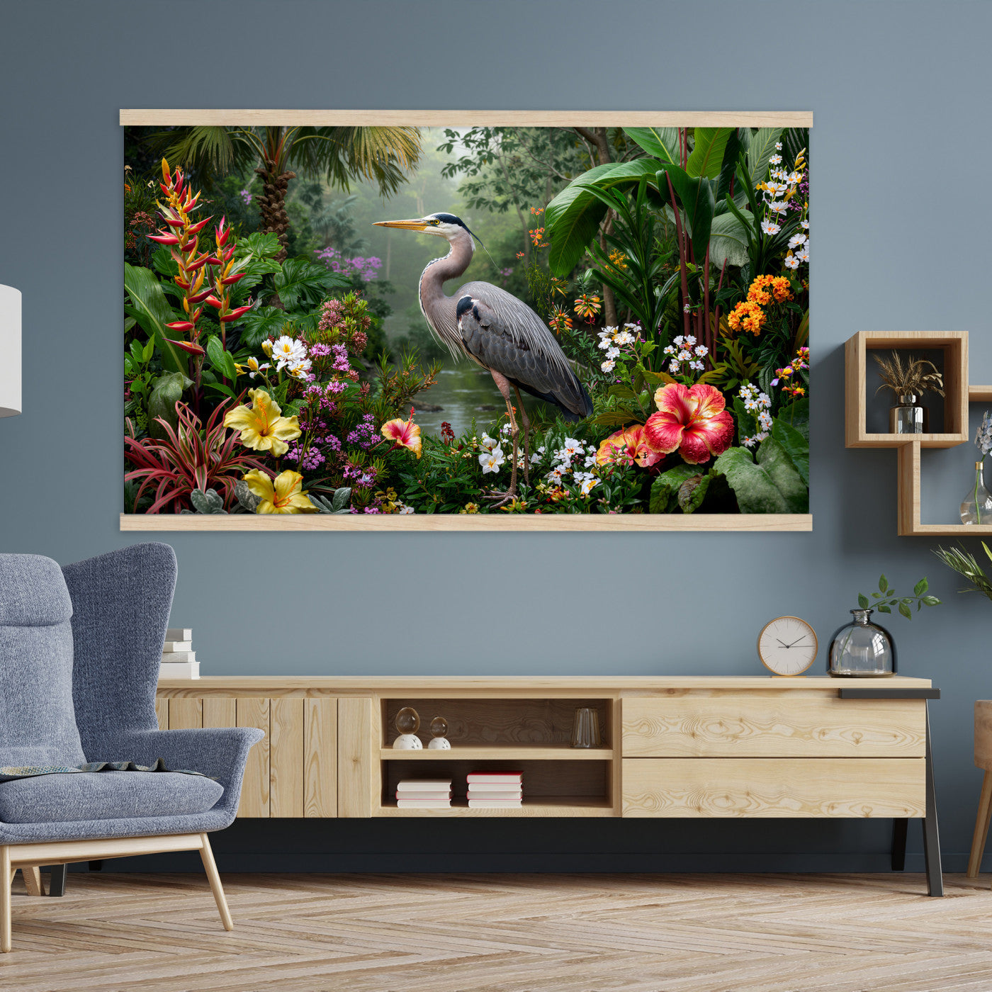 82504330-MGV-TP-30X20 - Botanical botanical illustration tapestry wall hanging of "Great Blue Heron in the Jungle", showing a great blue heron standing among hibiscus blooms, palm fronds and dense tropical foliage in deep jungle greens with red hibiscus and soft blue heron plumage. Extra large wall art, made in the USA.