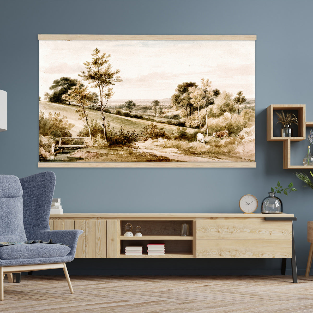 49470375-MGV-TP-30X20 - Romanticism watercolor tapestry wall hanging of "Little Bushey, Hertfordshire" by Henry Edridge, showing cows grazing beside a small stone bridge in open English pasture under a soft pale sky in soft green pasture tones with warm brown cattle under a pale sky. Extra large wall art, made in the USA.