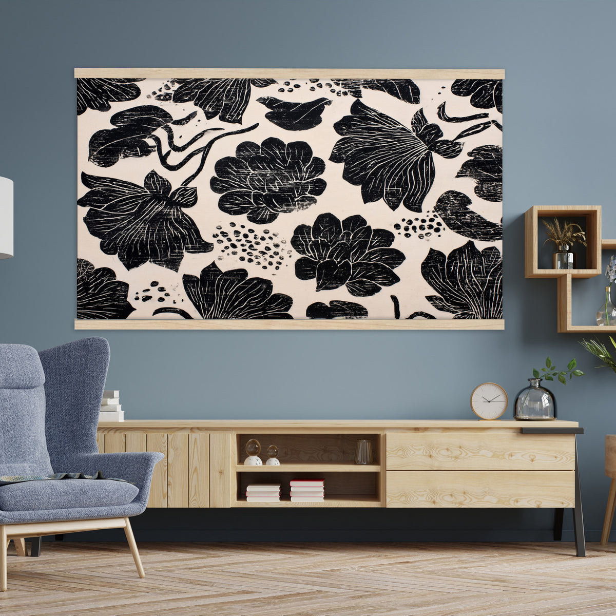 91793867-MGV-TP-30X20 - Chinoiserie ink block print tapestry wall hanging of "Chinoiserie Lotus Panel", showing open lotus flowers and broad water lily pads rising on tall stems, cut in bold black and white in deep black lotus linework on a soft white ground. Extra large wall art, made in the USA.