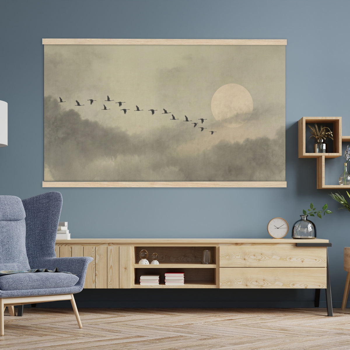 1209814BT-MGV-TP-30X20 - Flying Cranes Tapestry Wall Art, Misty Landscape with Moon, Sage Green Japandi Decor, Framed Print