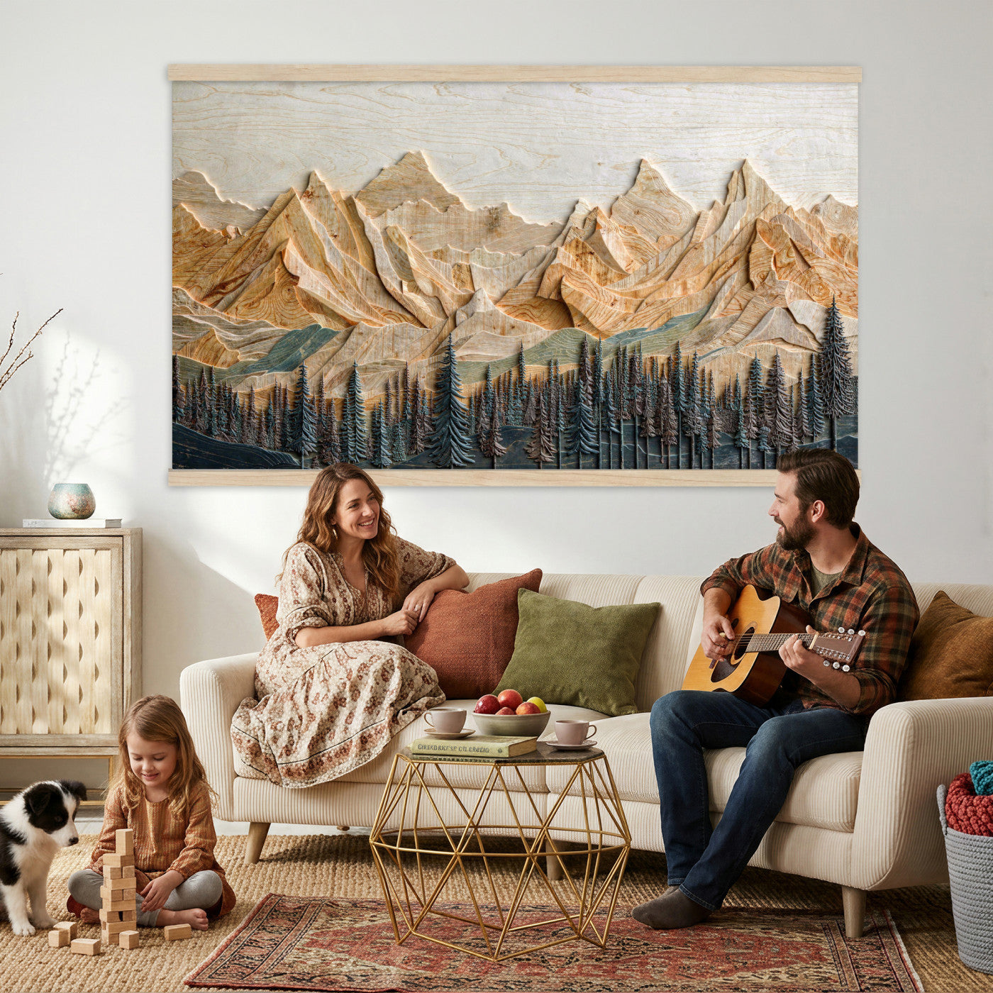 66676213-MGV-TP-30X20 - Geometric Wood Mountain Wall Art Canvas Print, 3D Look Rustic Mosaic Landscape Print