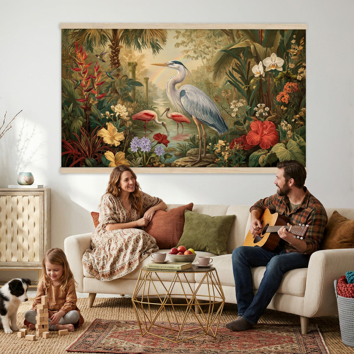 20081183-MGV-TP-30X20 - Botanical botanical illustration tapestry wall hanging of "Great Blue Heron in the Jungle", showing a great blue heron standing among hibiscus blooms, palm fronds and dense tropical foliage in deep jungle greens with red hibiscus and soft blue heron plumage. Extra large wall art, made in the USA.