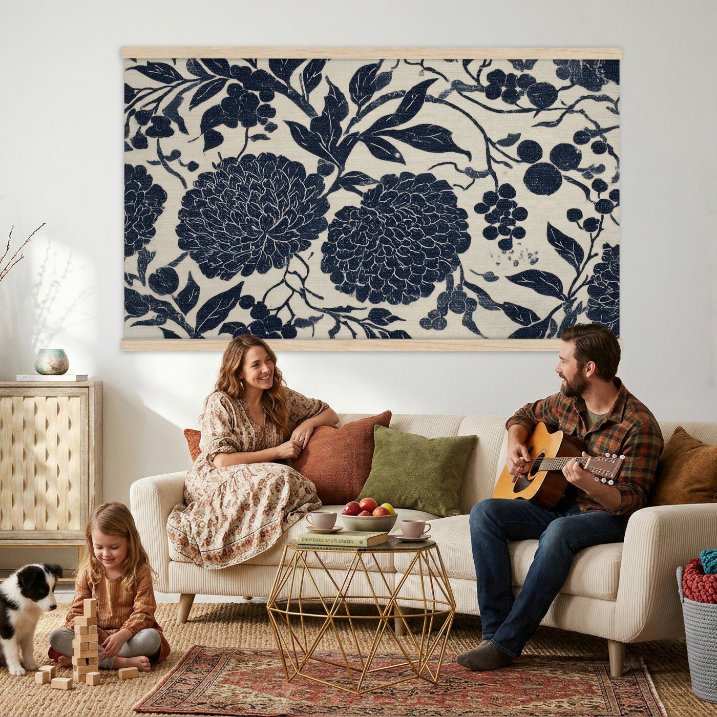 42507419-MGV-TP-30X20 - Chinoiserie ink block print tapestry wall hanging of "Chinoiserie Peony and Chrysanthemum Panel", showing peonies and chrysanthemums layered across a soft grey field, drawn in muted black line in black and soft grey linework on a warm neutral ground. Extra large wall art, made in the USA.