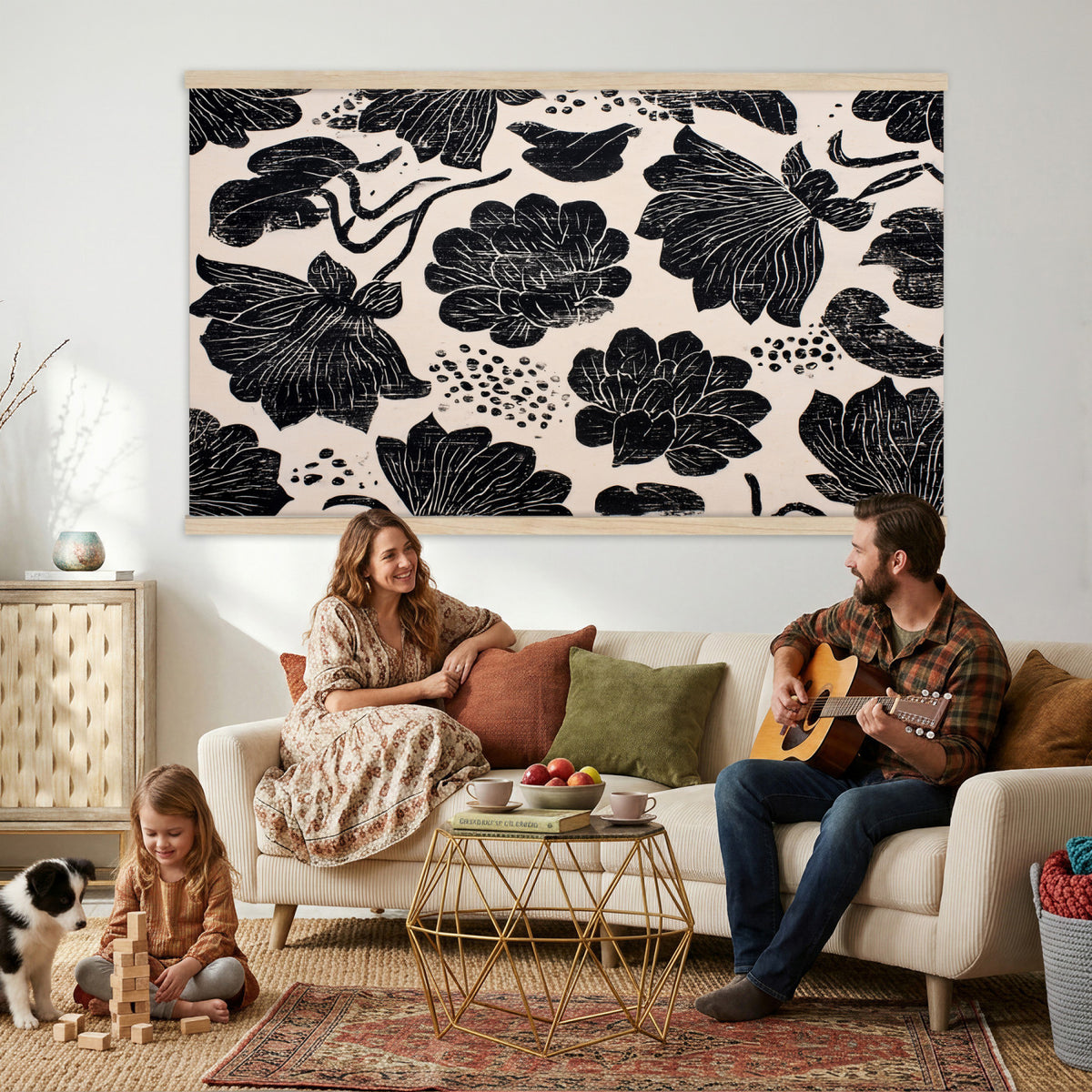 91793867-MGV-TP-30X20 - Chinoiserie ink block print tapestry wall hanging of "Chinoiserie Lotus Panel", showing open lotus flowers and broad water lily pads rising on tall stems, cut in bold black and white in deep black lotus linework on a soft white ground. Extra large wall art, made in the USA.