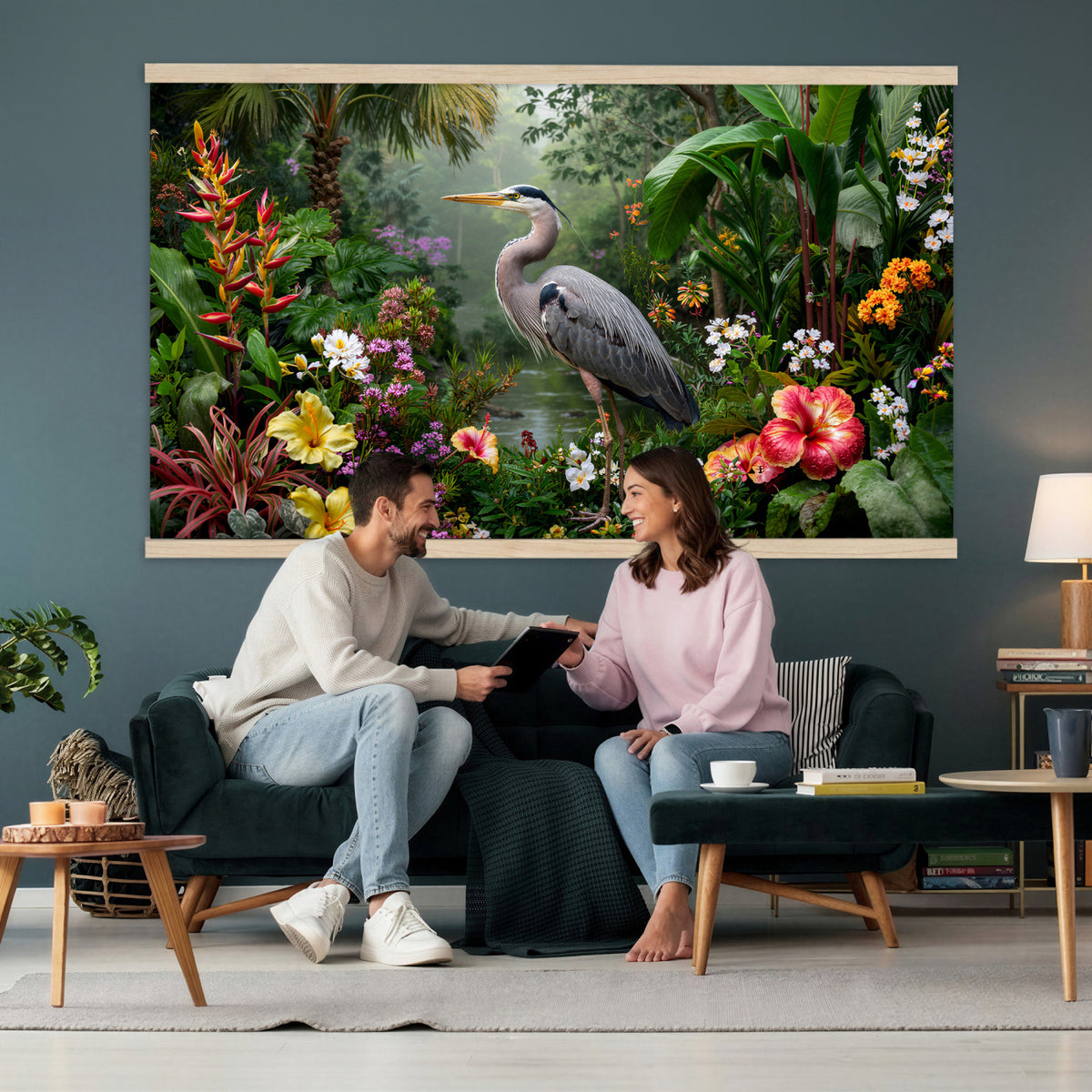 82504330-MGV-TP-30X20 - Botanical botanical illustration tapestry wall hanging of "Great Blue Heron in the Jungle", showing a great blue heron standing among hibiscus blooms, palm fronds and dense tropical foliage in deep jungle greens with red hibiscus and soft blue heron plumage. Extra large wall art, made in the USA.