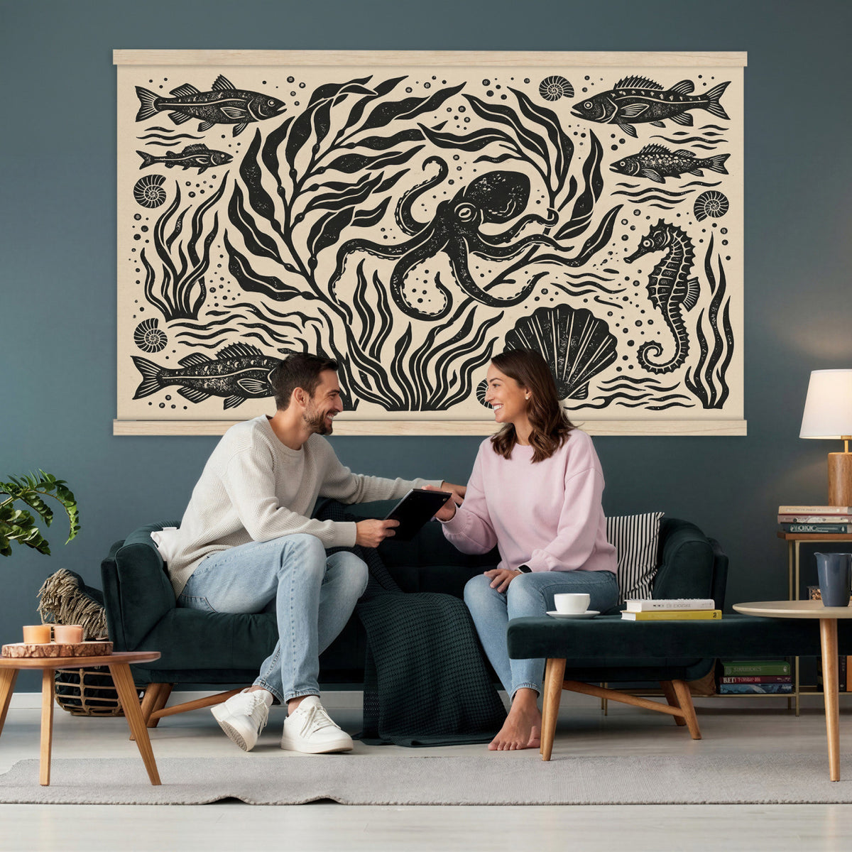 75988079-MGV-TP-30X20 - Folk Art linocut print tapestry wall hanging of "Ocean Life Panel", showing an octopus, seahorses, shells and curling waves cut into bold black and white folk art shapes in bold black linocut shapes on a cream ground. Extra large wall art, made in the USA.