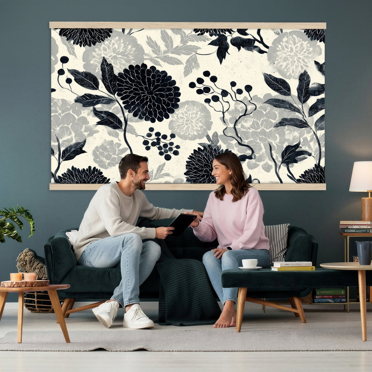 27269625-MGV-TP-30X20 - Chinoiserie ink block print tapestry wall hanging of "Chinoiserie Peony and Chrysanthemum Panel", showing peonies and chrysanthemums layered across a soft grey field, drawn in muted black line in black and soft grey linework on a warm neutral ground. Extra large wall art, made in the USA.