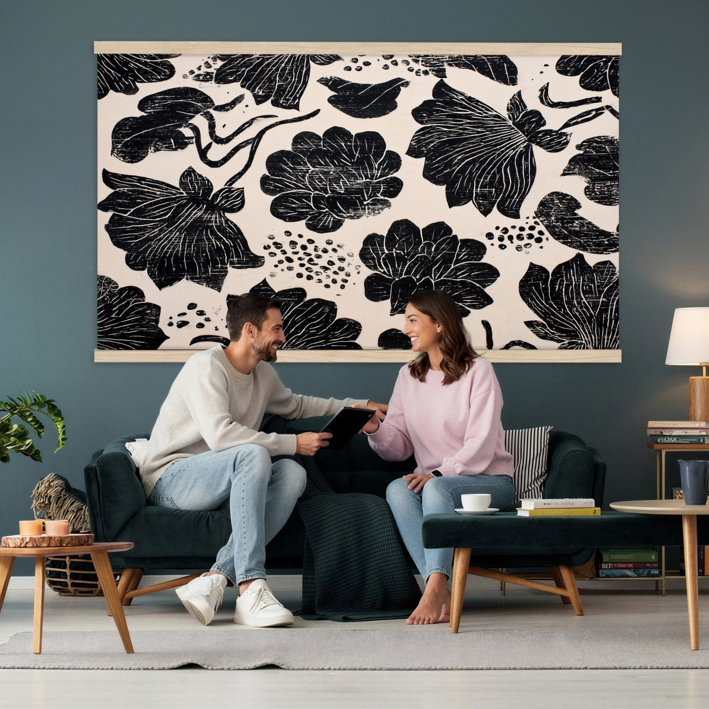 91793867-MGV-TP-30X20 - Chinoiserie ink block print tapestry wall hanging of "Chinoiserie Lotus Panel", showing open lotus flowers and broad water lily pads rising on tall stems, cut in bold black and white in deep black lotus linework on a soft white ground. Extra large wall art, made in the USA.