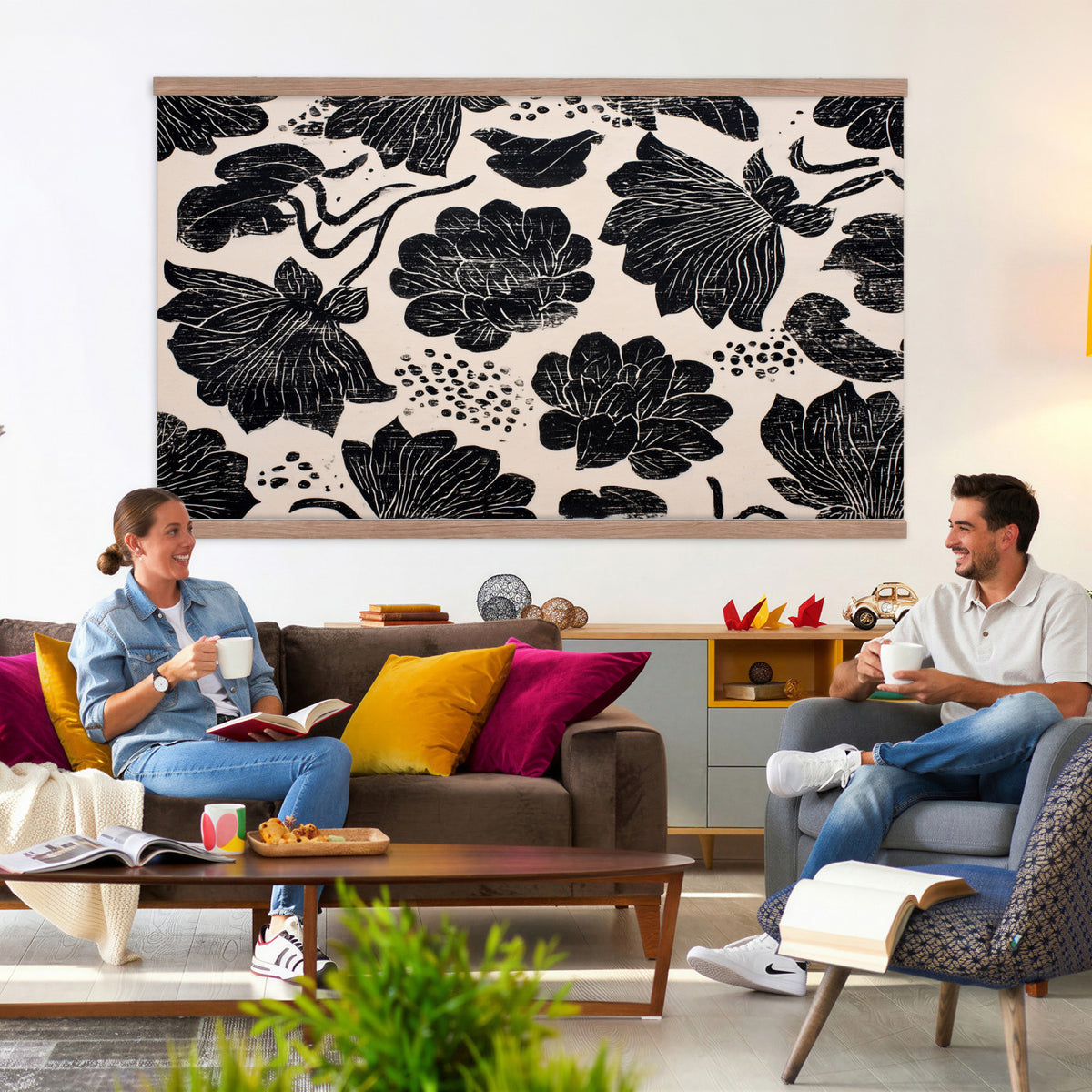 91793867-MGV-TP-30X20 - Chinoiserie ink block print tapestry wall hanging of "Chinoiserie Lotus Panel", showing open lotus flowers and broad water lily pads rising on tall stems, cut in bold black and white in deep black lotus linework on a soft white ground. Extra large wall art, made in the USA.